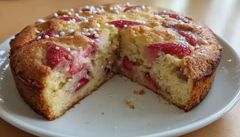 En saftig jordgubbstårta, perfekt att baka med jordgubbar. Garnerad med pärlsocker.