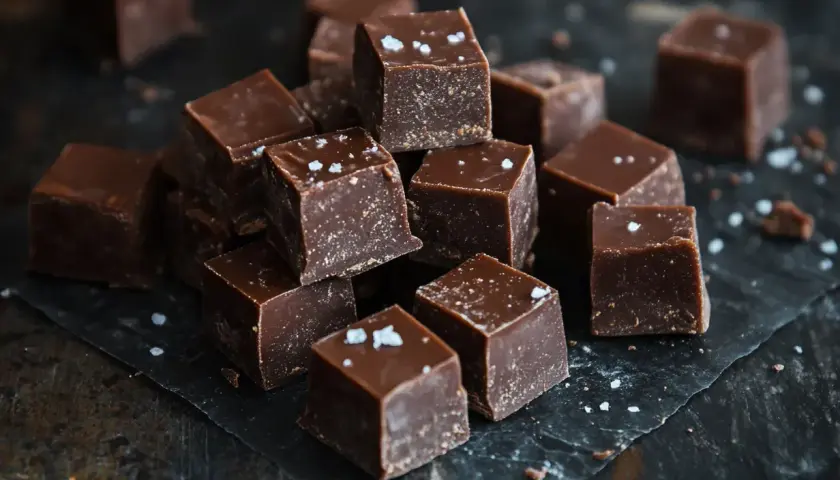 En hög med mörka chokladfudgebitar, toppade med flingsalt, ligger på en mörk yta.