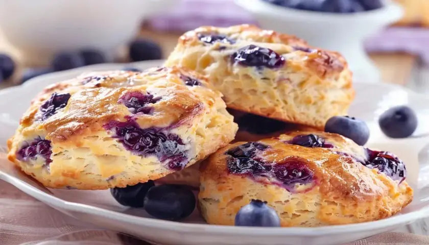 Tre klassiska scones med blåbär på en vit tallrik, med färska blåbär runt om. Perfekt till fikat!