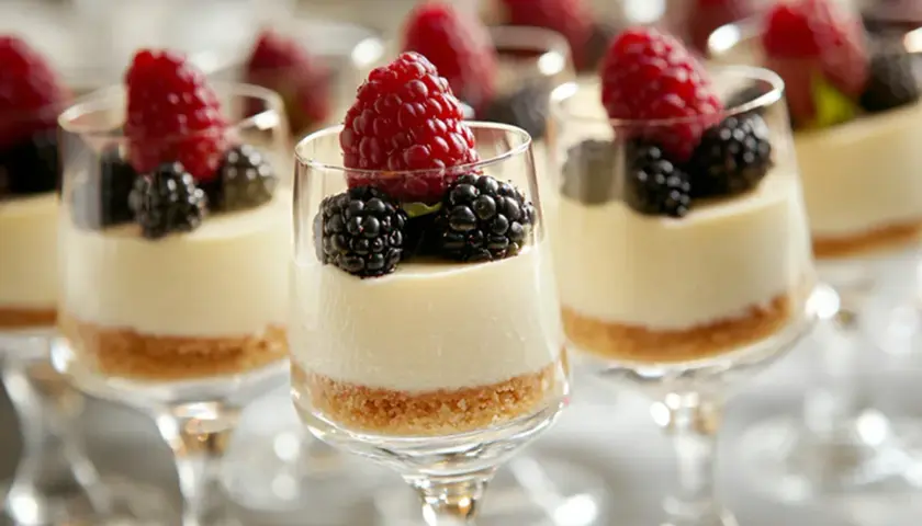 Flera glas med krämig cheesecake i glas, toppad med färska hallon och björnbär. En festlig dessert!