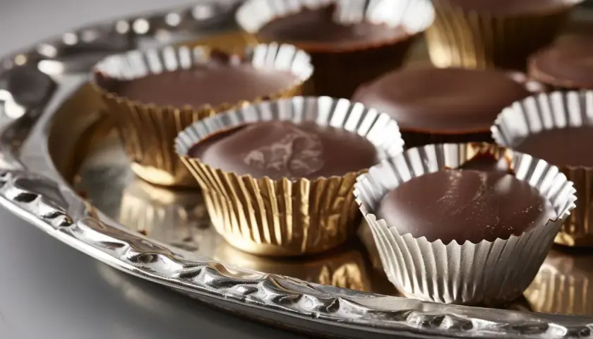 Chokladpraliner i guldfärgade formar på ett silverfat. Perfekt för ett enkelt ischoklad recept.