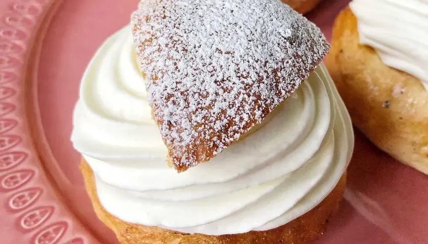 En gammaldags semla med fluffig grädde och pudrat lock på en rosa tallrik.