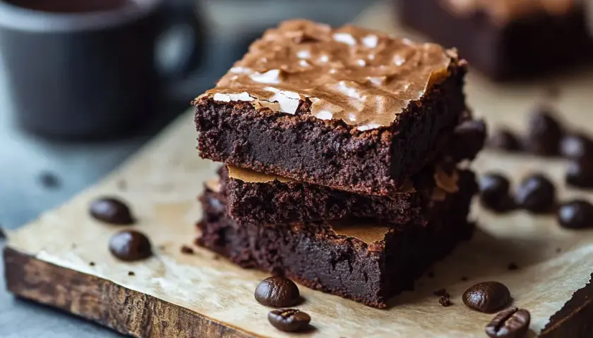 En stapel fudgiga brownies med kaffebönor och en kopp kaffe. Perfekt för att baka med kaffe!