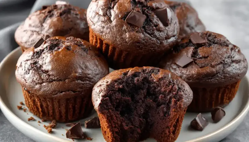 Muffins med kakao och chokladbitar, redo att avnjutas. Perfekt för den som vill baka med kakao.