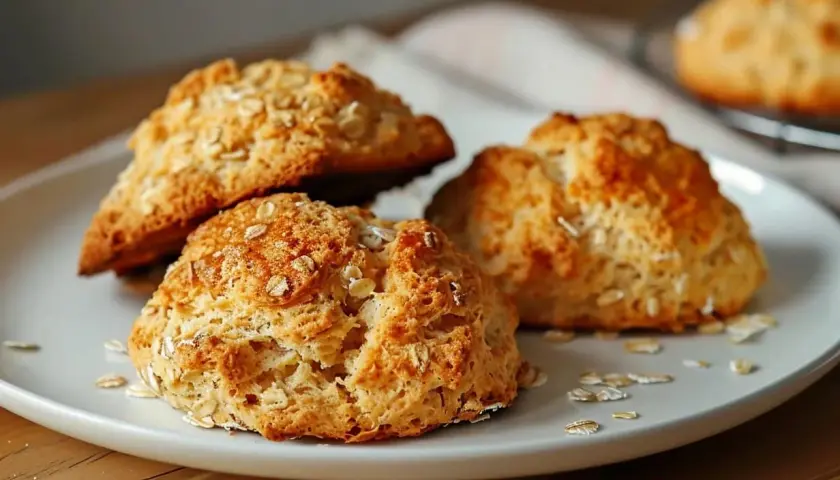 Gyllene scones med havregryn på en vit tallrik, redo att avnjutas.