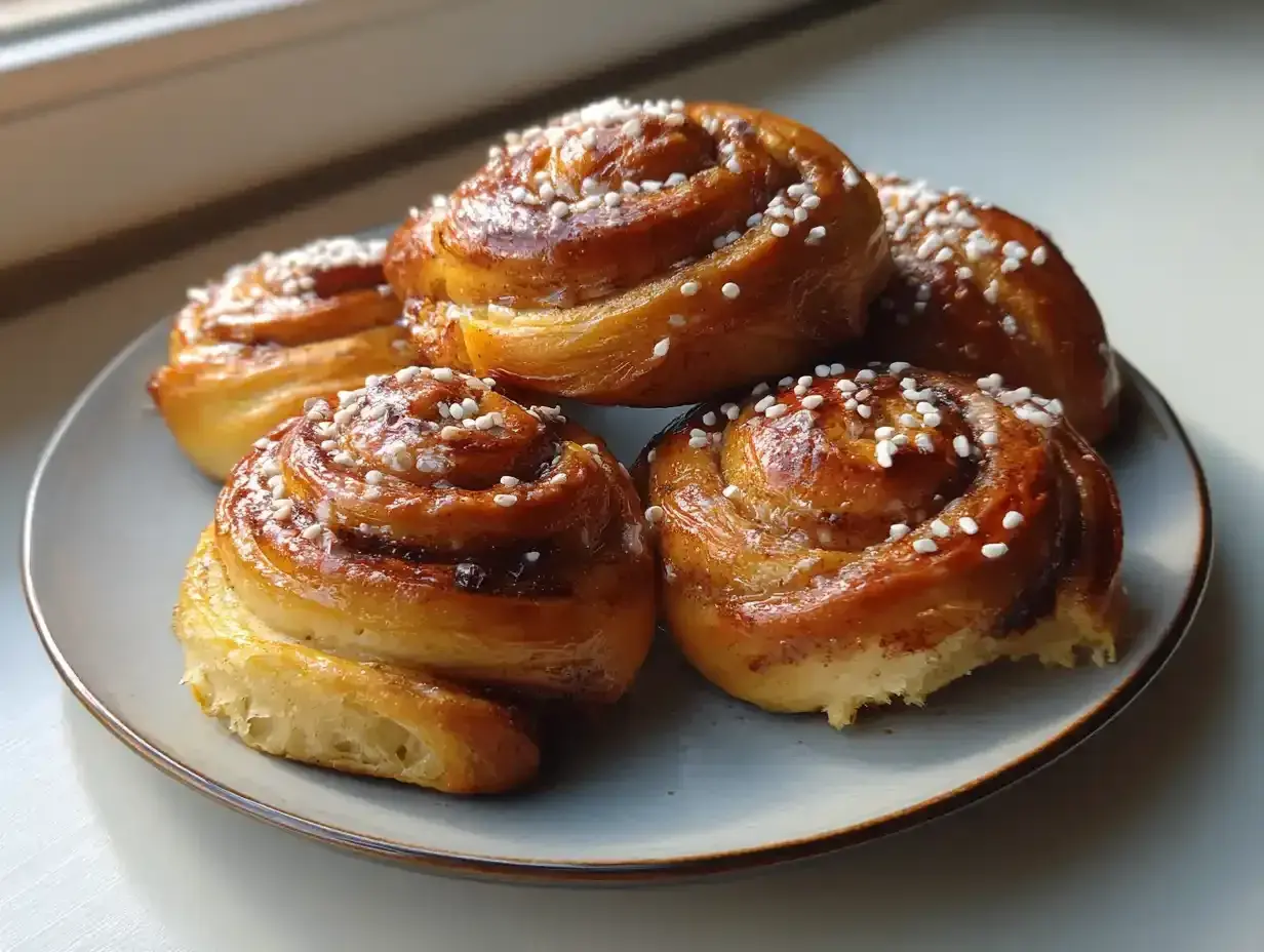 Färska kanelbullar med pärlsocker, perfekta för ett mysigt fika. Ett enkelt bullar recept att prova!
