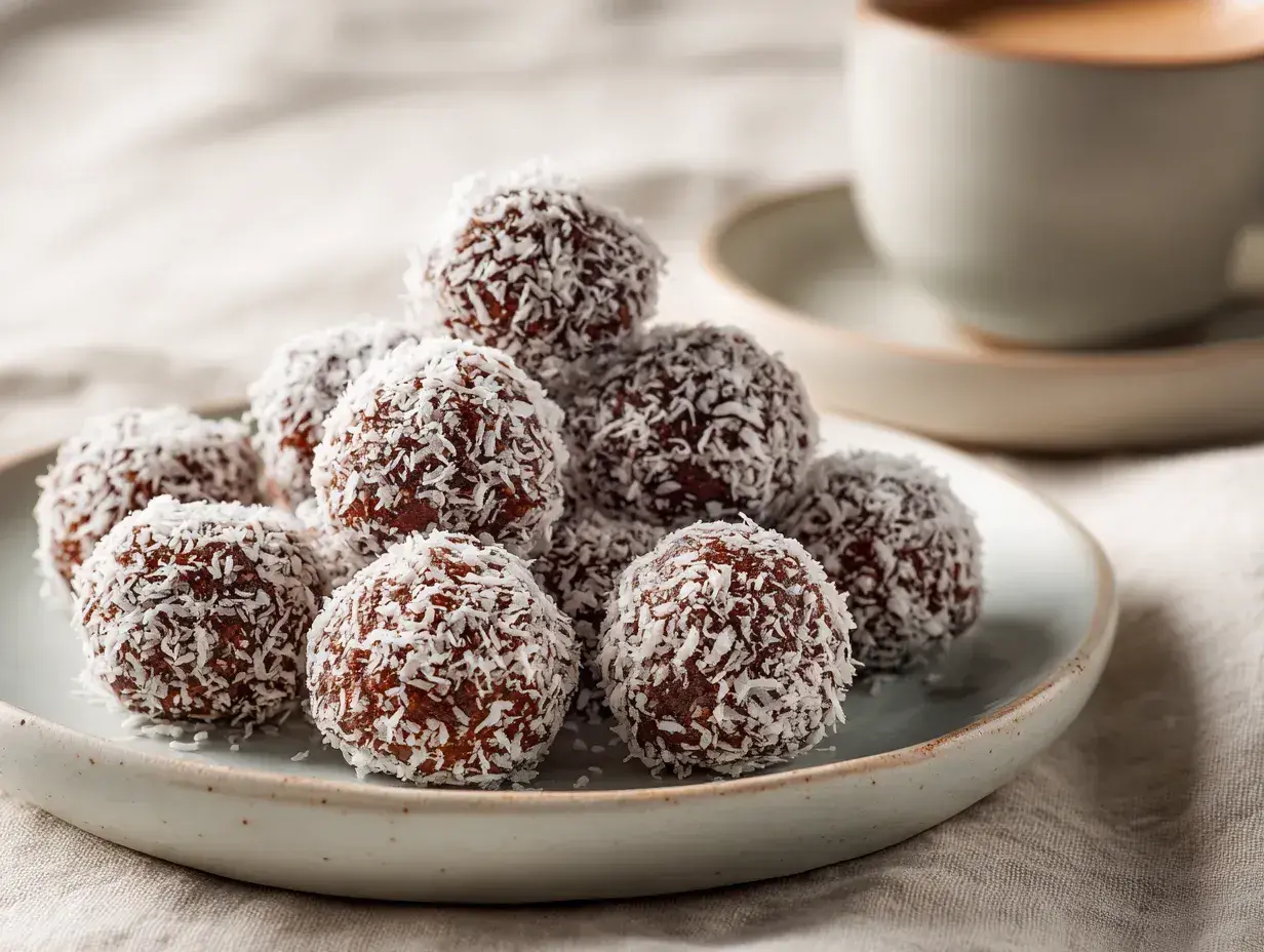 A pile of chocolate balls rolled in shredded coconut on a plate, with a cup of coffee in the background.
