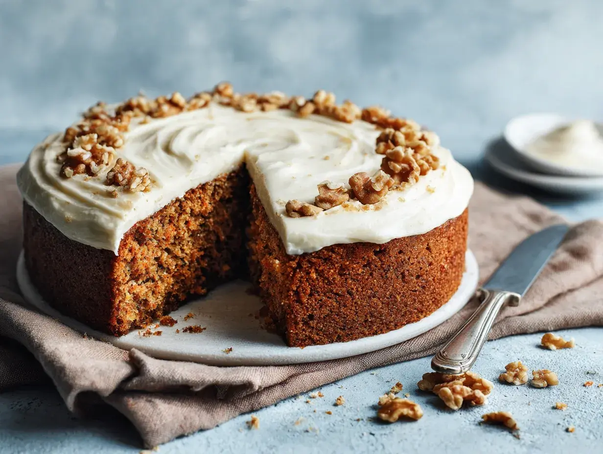 Saftig morotskaka med krämig frosting och valnötter. Denna variant är bakad med smör istället för olja för extra god smak.