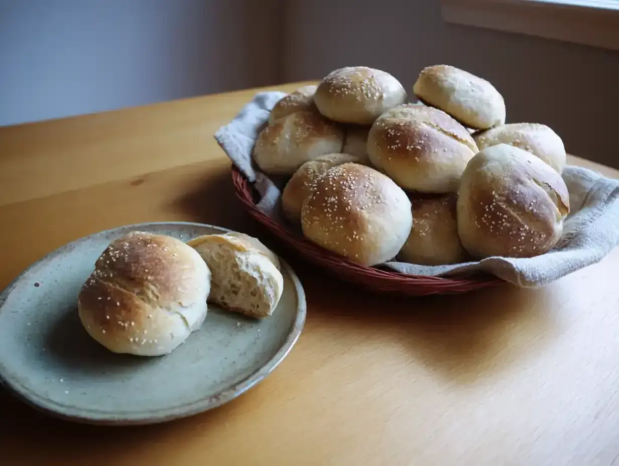Nybakade bullar med sesamfrön, gjorda med rågsikt istället för vetemjöl. En del ligger i en korg, en annan på en tallrik.