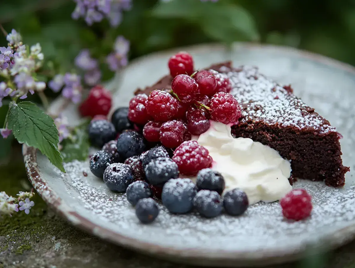 En bit kladdkaka tårta med grädde och färska bär, pudrad med florsocker. Vackert upplagd utomhus bland blommor.