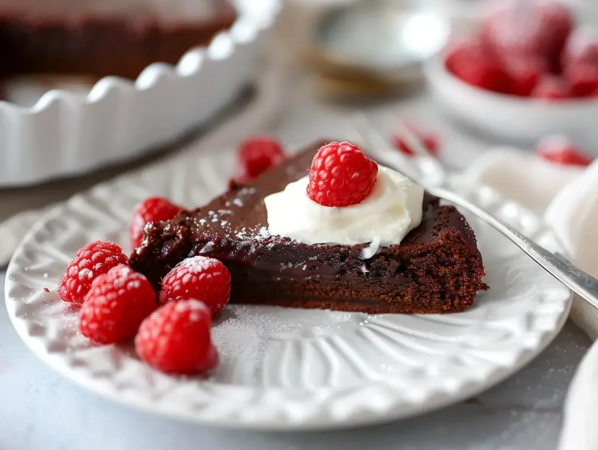 En bit kladdkaka med grädde och hallon på en vit tallrik. Perfekt för att förvara kladdkaka till senare.