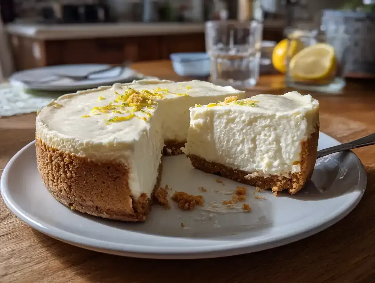 En krämig cheesecake utan ugn, toppad med citronskal. Perfekt för en varm sommardag!