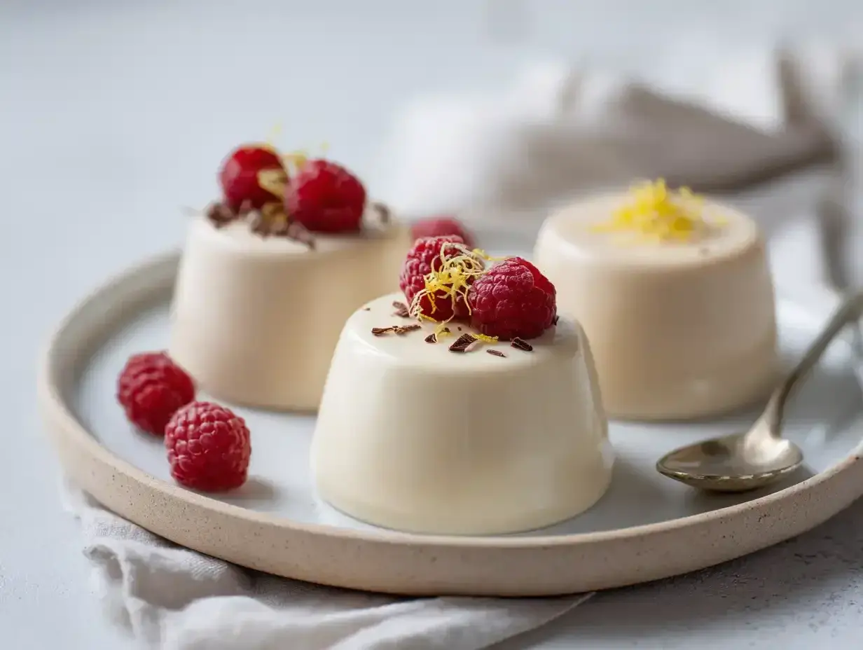 Tre krämiga vispad pannacotta med hallon och citronskal på en ljusgrå tallrik.