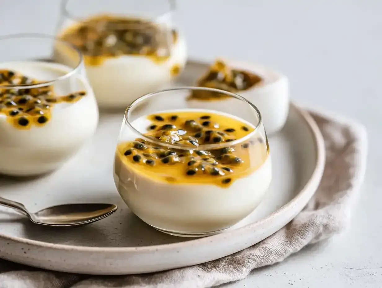 Tre glas med krämig pannacotta toppad med passionsfrukt. En härlig kombination av pannacotta smaker.