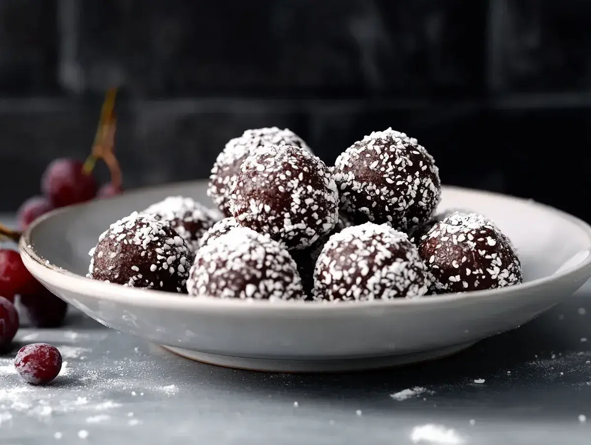 En skål med lyxiga chokladbollar, rullade i kokos. Körsbär ligger bredvid.
