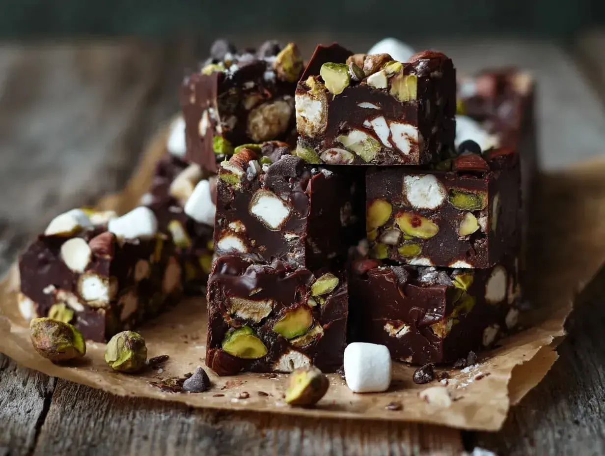 Chokladbitar med nötter och marshmallows, en härlig rocky road-fudge.