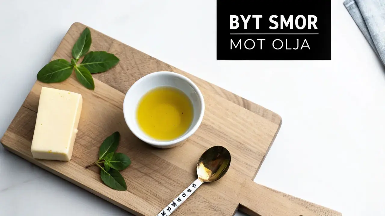 En bit smör, en skål med olja och färska örter på en träskärbräda. Texten "Byt smör mot olja" antyder att man kan använda olja istället för smör i kakor.