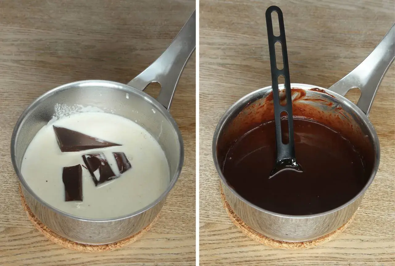Chokladbitar smälter i grädde, redo för after eight mousse. Sedan en kastrull med färdig chokladsmet.