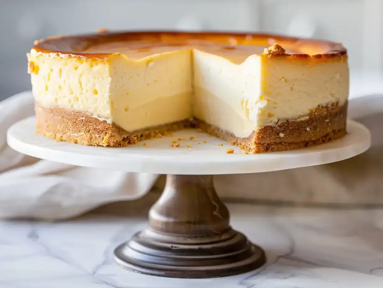En krämig new york cheesecake med karamelliserad yta, serverad på ett marmorfat.