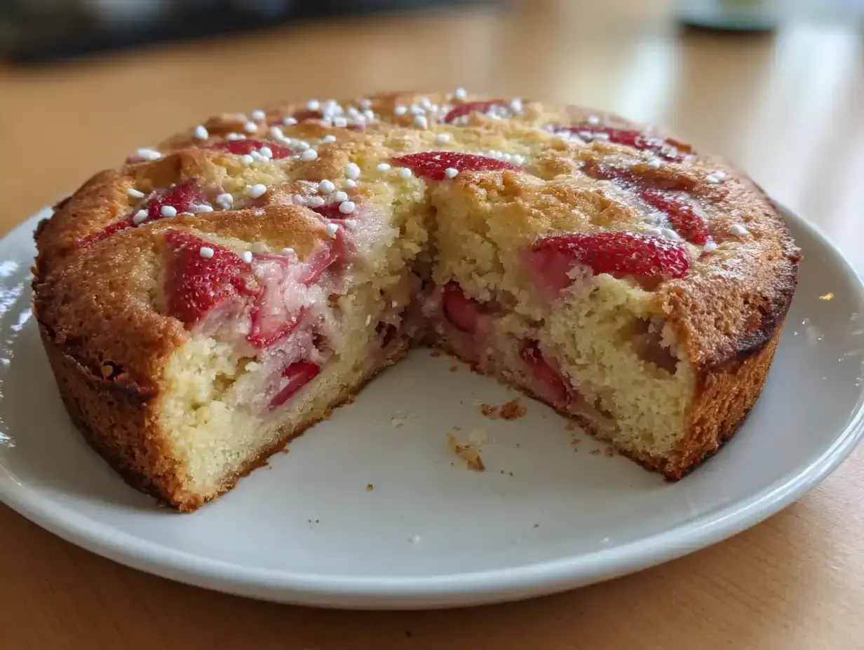 En saftig jordgubbstårta, perfekt att baka med jordgubbar. Garnerad med pärlsocker.
