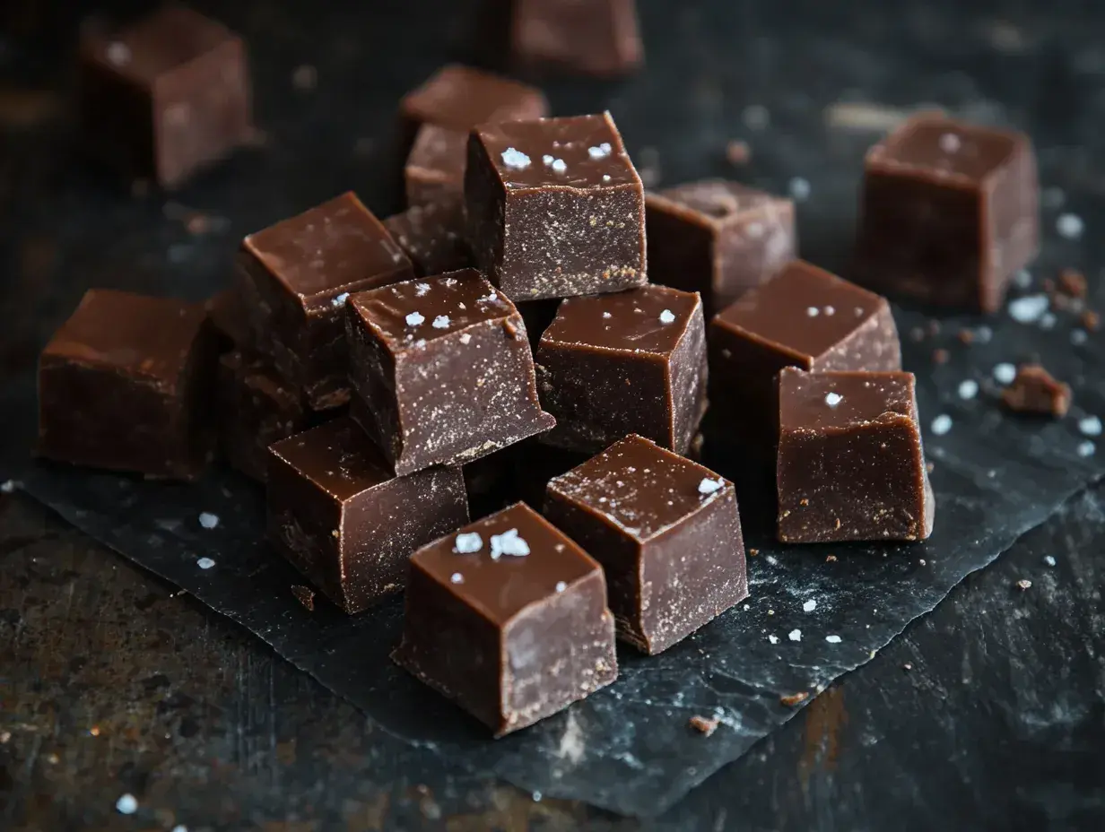 En hög med mörka chokladfudgebitar, toppade med flingsalt, ligger på en mörk yta.