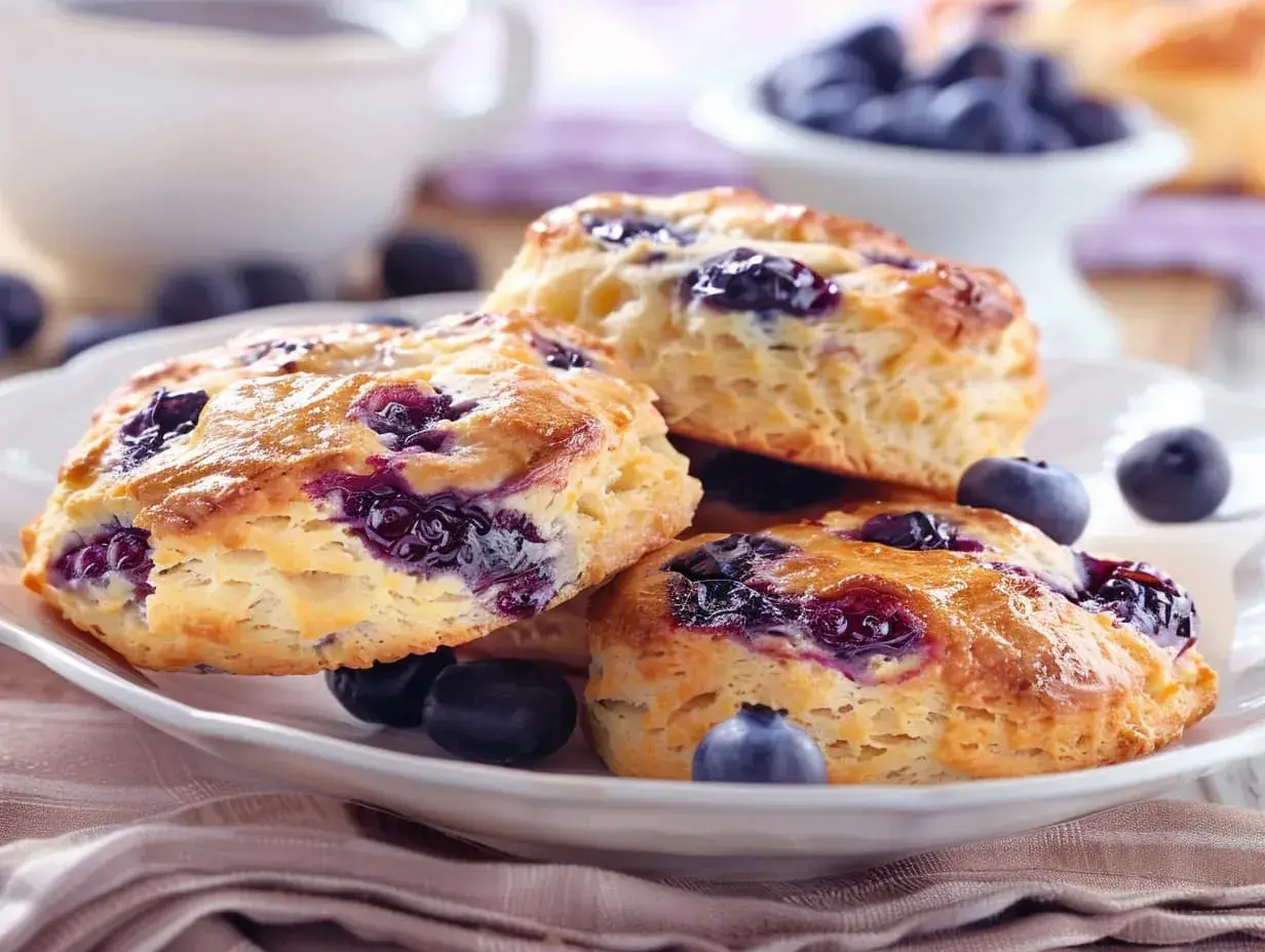 Tre klassiska scones med blåbär på en vit tallrik, med färska blåbär runt om. Perfekt till fikat!