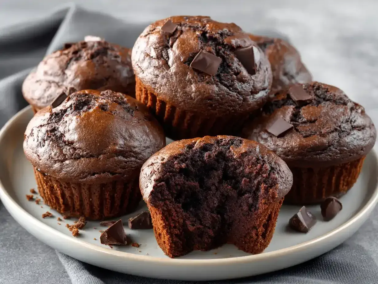 Muffins med kakao och chokladbitar, redo att avnjutas. Perfekt för den som vill baka med kakao.