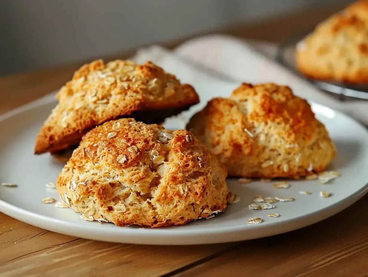 Gyllene scones med havregryn på en vit tallrik, redo att avnjutas.