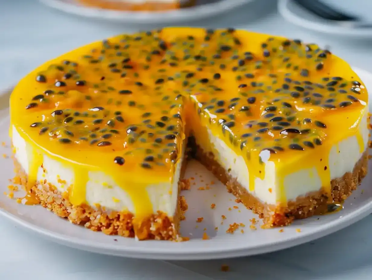 En kr&auml;mig cheesecake med passionsfrukt som topping, en h&auml;rlig passionsfrukt cheesecake.
