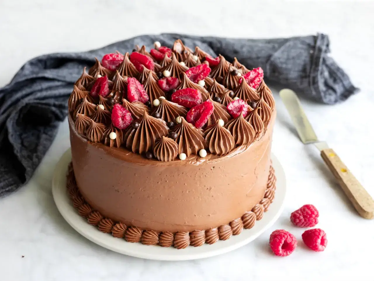 En chokladkladdkaka t&aring;rta dekorerad med chokladfrosting, hallon och chokladkulor. Perfekt f&ouml;r alla choklad&auml;lskare!