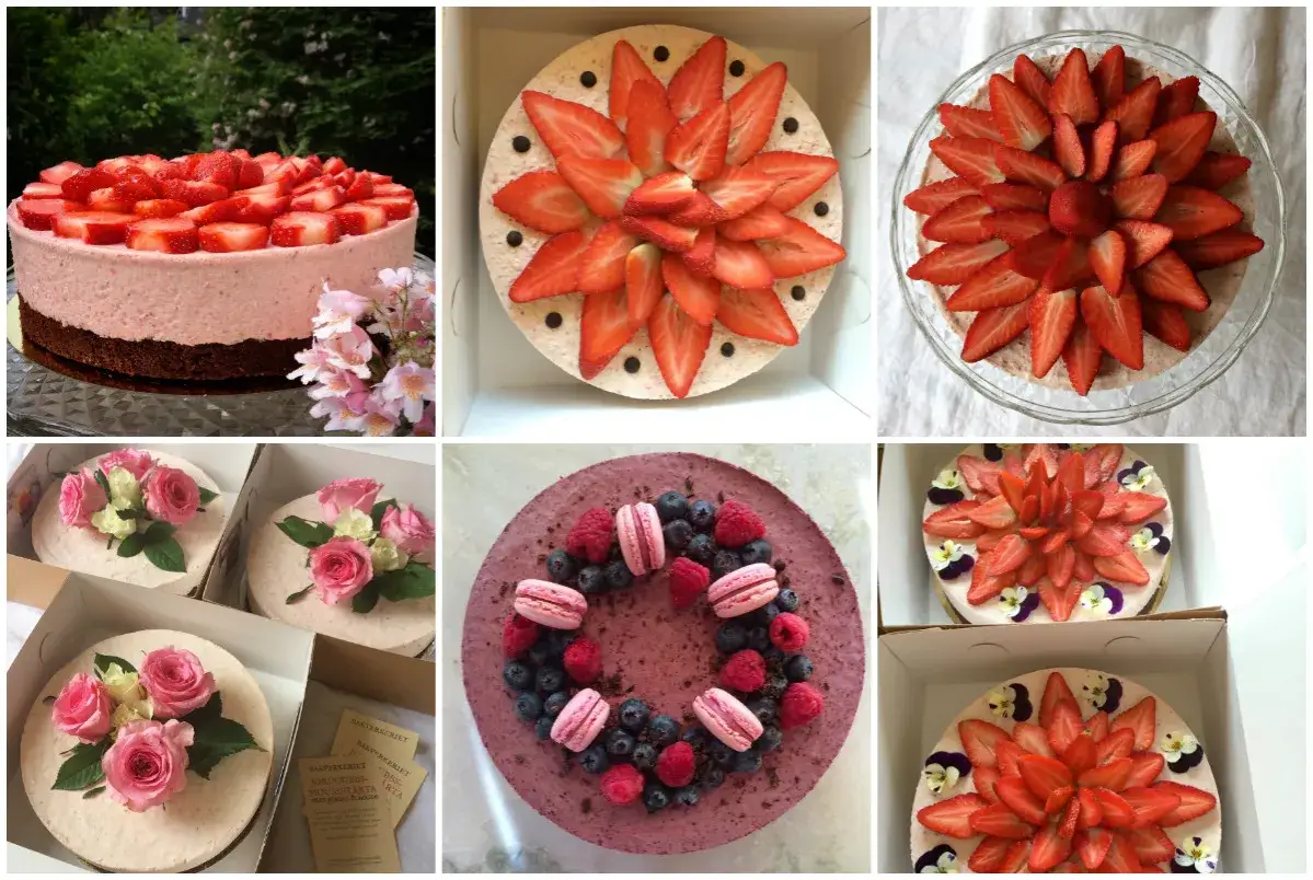 Flera vackra jordgubbsmousse t&aring;rtor, dekorerade med f&auml;rska jordgubbar, b&auml;r och blommor. En fest f&ouml;r &ouml;gat och gommen!
