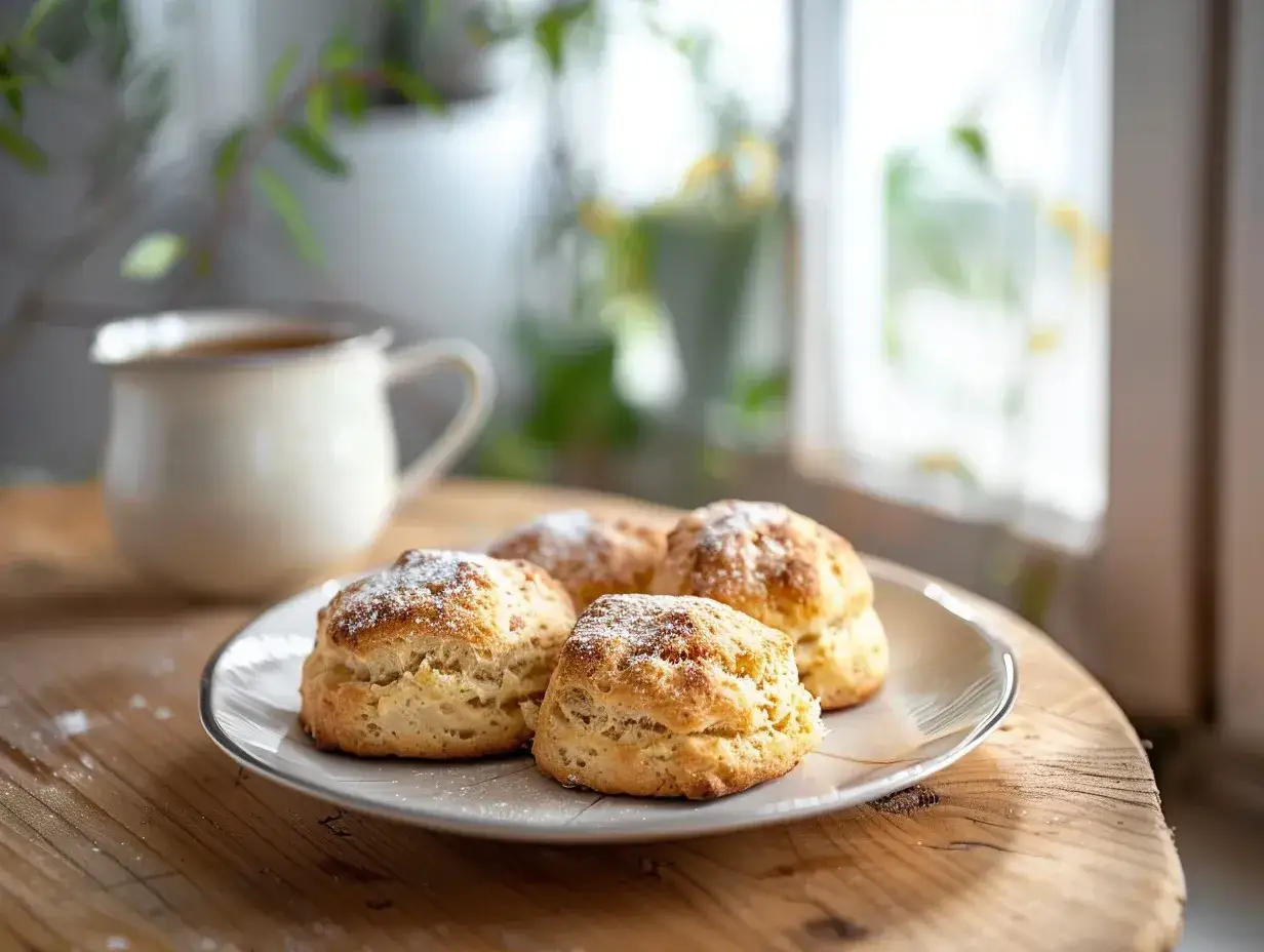 F&auml;rska scones havregryn p&aring; en tallrik, redo att avnjutas med en kopp kaffe.