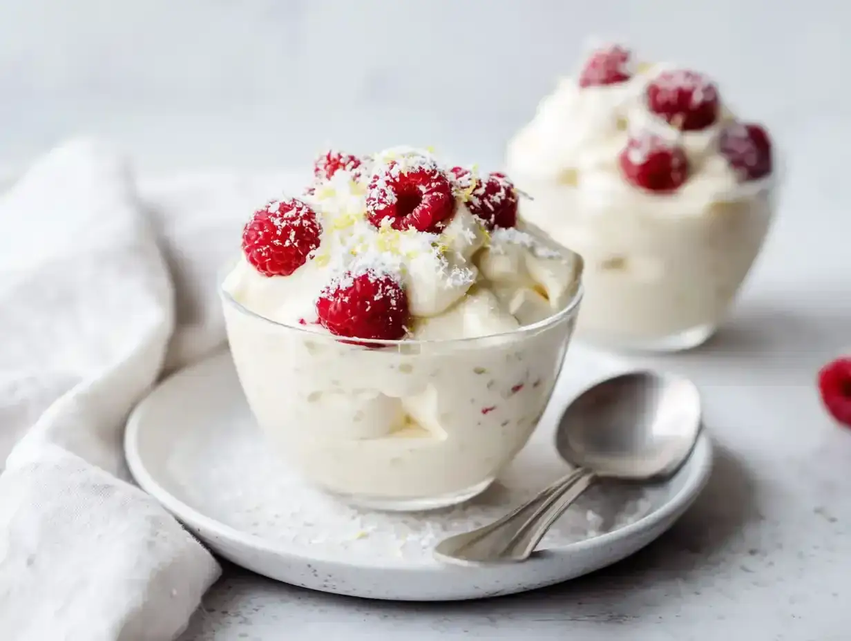Lätt och fluffig vispad pannacotta toppad med färska hallon och kokosflingor. En perfekt sommardessert.