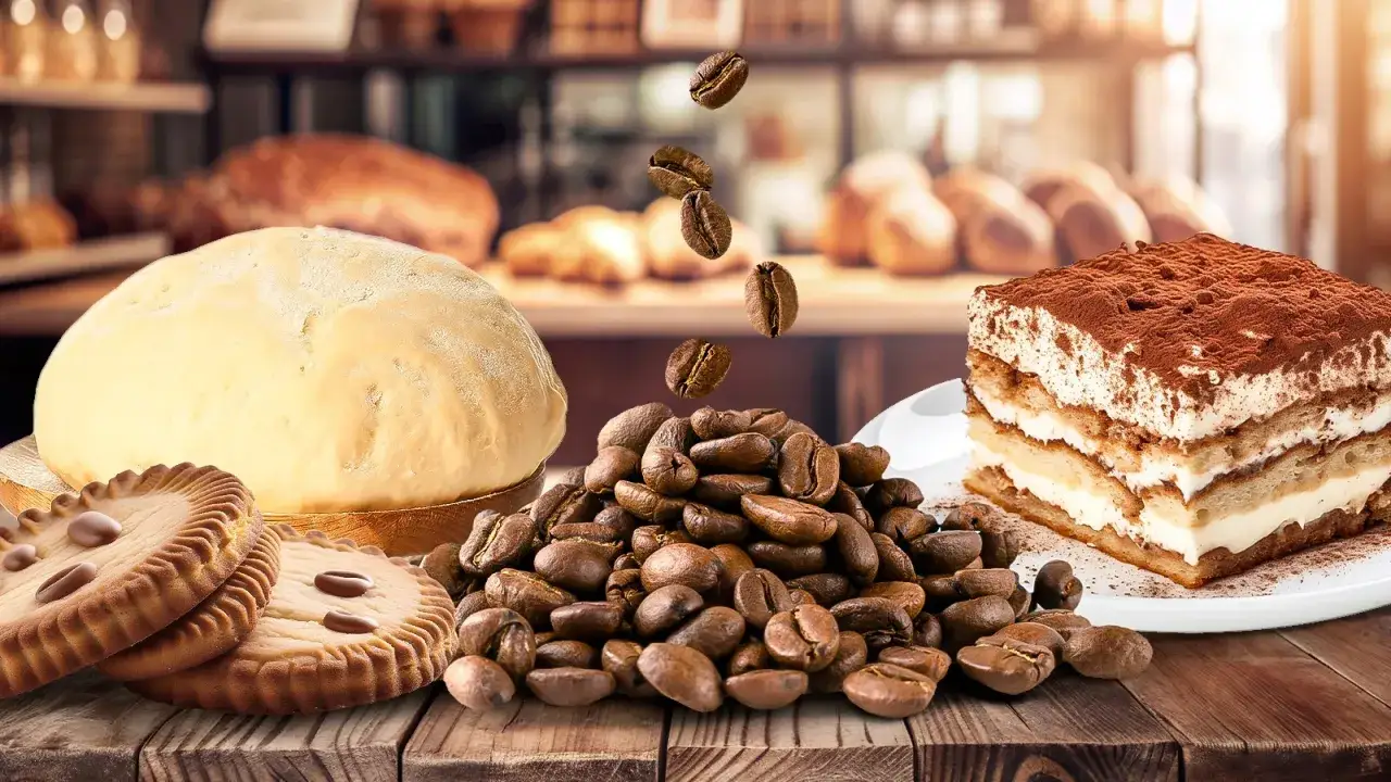En h&auml;rlig bild som inspirerar till att baka med kaffe. En stor h&ouml;g med kaffeb&ouml;nor, en bit tiramisu, kex och ett runt br&ouml;d.