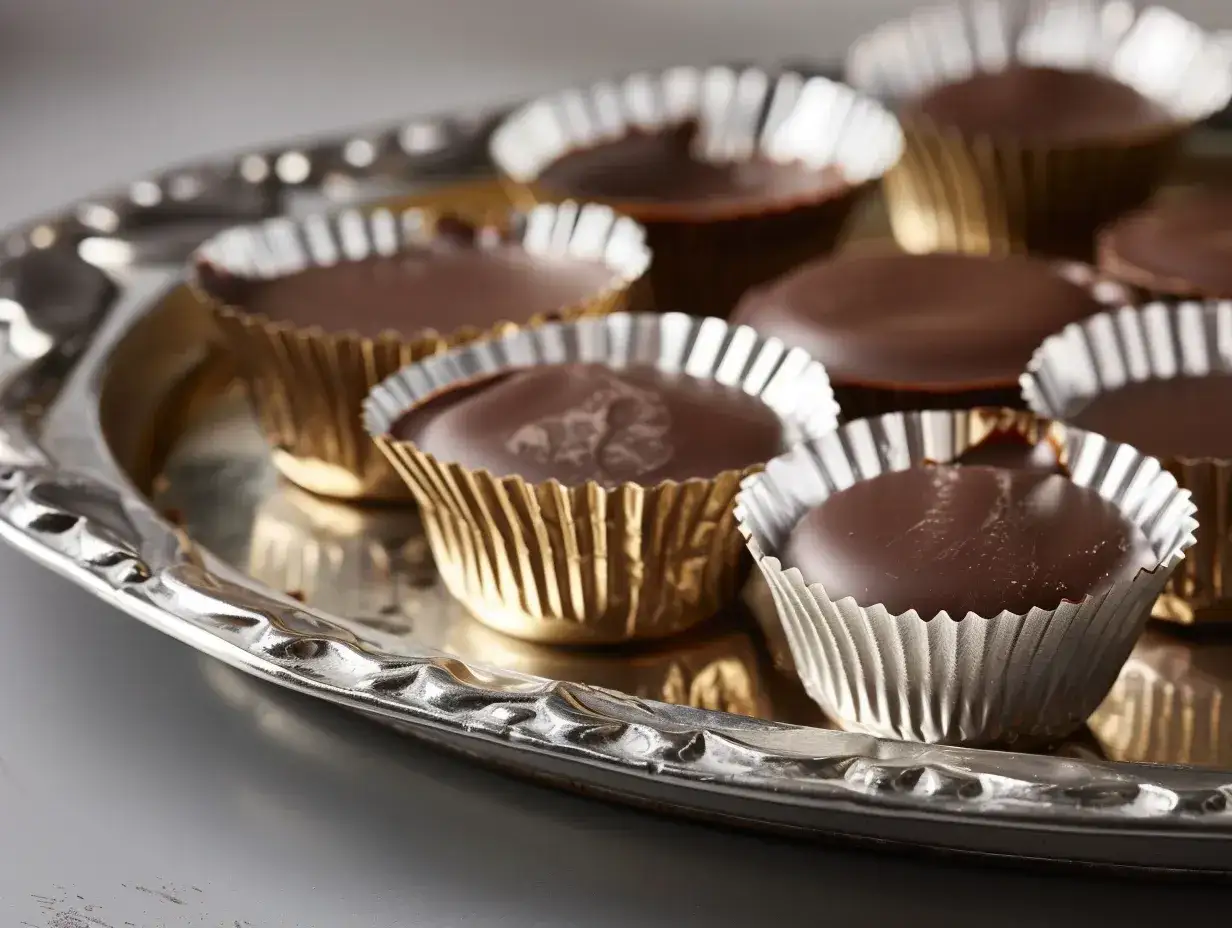 Chokladpraliner i guldf&auml;rgade formar p&aring; ett silverfat. Perfekt f&ouml;r ett enkelt ischoklad recept.