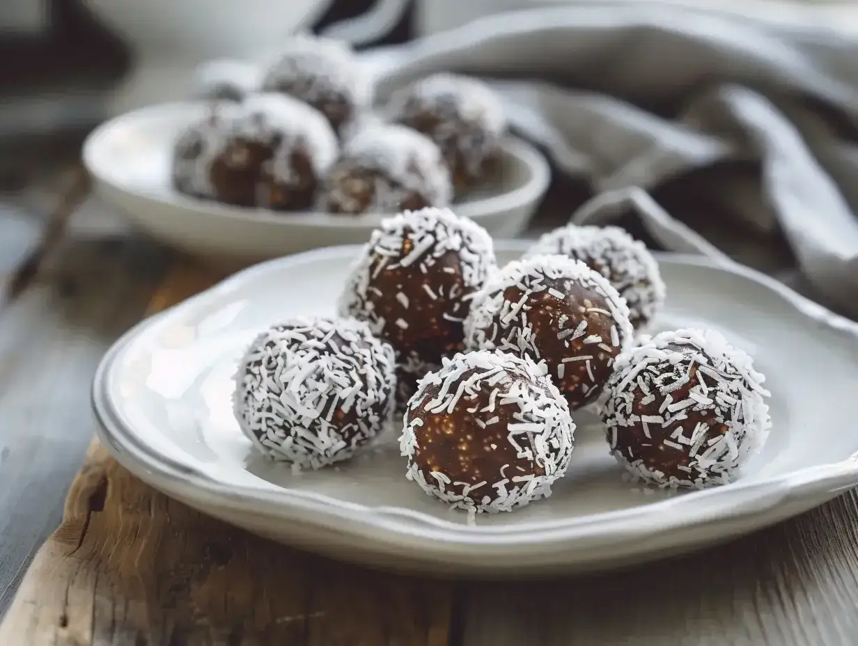 Chokladbollar rullade i kokos. Ett enkelt dadelbollar recept f&ouml;r hemmabruk.