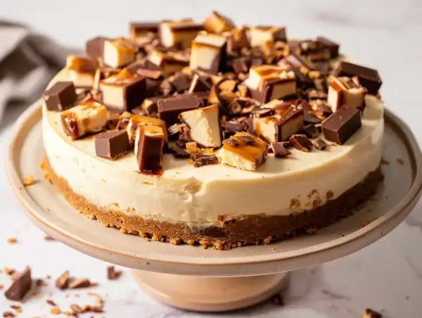En krämig daim cheesecake toppad med bitar av choklad och karamell. En dröm för alla som älskar daim.