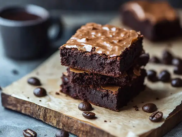 En stapel fudgiga brownies med kaffebönor och en kopp kaffe. Perfekt för att baka med kaffe!